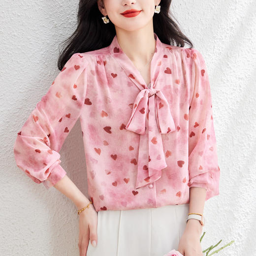 KQL 369H9977系带碎花淑女显瘦长袖上衣时尚通勤气质衬衫 商品图1