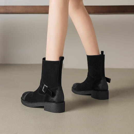 阿么手工女鞋擦色复古绒面个性西部靴2025冬季新款真皮中筒靴4CM 商品图2