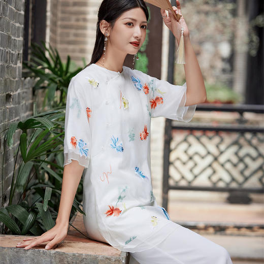 旗袍茶服真丝欧根纱重工金鱼刺绣宽松连衣裙FL6067 商品图3