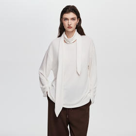 棉仓366601023-设计感小众围巾T恤女含羊毛25秋松弛多造型长袖微弹上衣