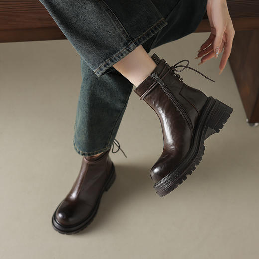 阿么手工女鞋厚底绑带百搭短靴2025新款靴子女款真皮秋季单靴6CM 商品图2