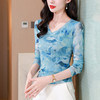 KQL 520N88151时尚纱网印花长袖V领修身显瘦洋气上衣 商品缩略图1