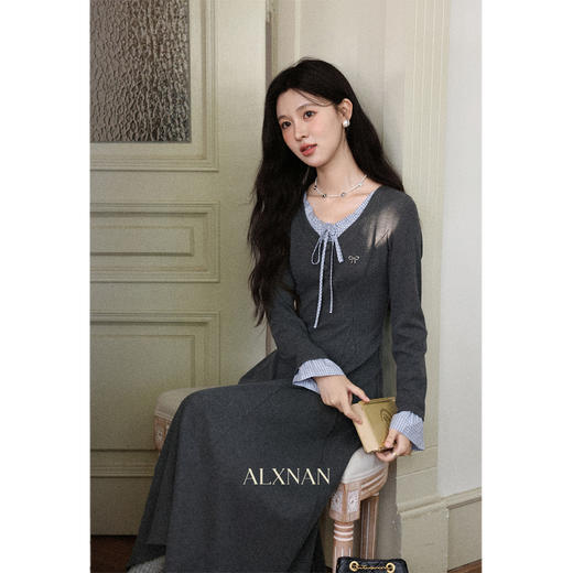 鹿向南「雾蓝诗集」法式灰色长袖连衣裙女早秋高级气质收腰长裙子 商品图4