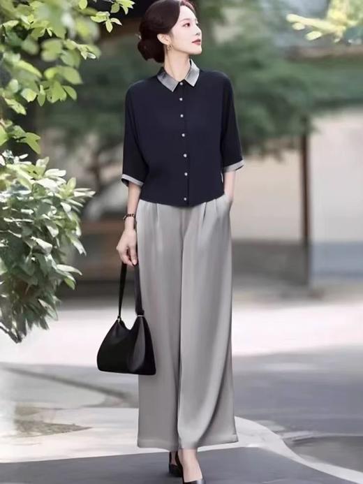 新款轻熟优雅气质纯色撞色上衣+高腰阔腿裤两件套 商品图0