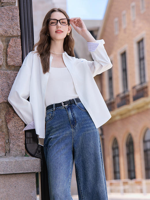 【百图lulu定制】【好心情衬衫】 莱赛尔棉 混纺 爱心刺绣 翻边条纹袖口 长袖衬衫 商品图5