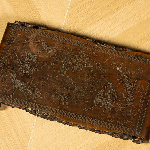 清	红木透雕花卉纹嵌银丝云龙纹书卷式底座 商品图3