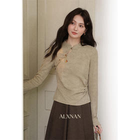 鹿向南「墨染花影」杏色设计感新中式长袖T恤秋季新款通勤上衣女