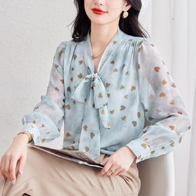 KQL 369H9977系带碎花淑女显瘦长袖上衣时尚通勤气质衬衫