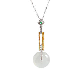 【天然正品】A货翡翠天然高冰种平安扣造型翡翠宝石矿工款AU750精品白金镶钻吊坠项链43.6*15.1*8.1MM  280723NJM22