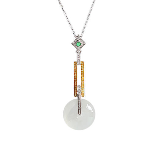 【天然正品】A货翡翠天然高冰种平安扣造型翡翠宝石矿工款AU750精品白金镶钻吊坠项链43.6*15.1*8.1MM  280723NJM22 商品图0