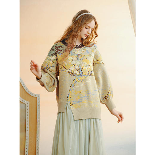 两三事梵高文艺椿野花事2025秋新款花卉图案毛织拼接假两件连衣裙 商品图1