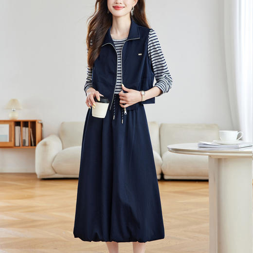 【预售3天】PY-2025秋新款遮肉显瘦大气半身裙三件套休闲时尚条纹T恤马甲套装女&Z8271 商品图2