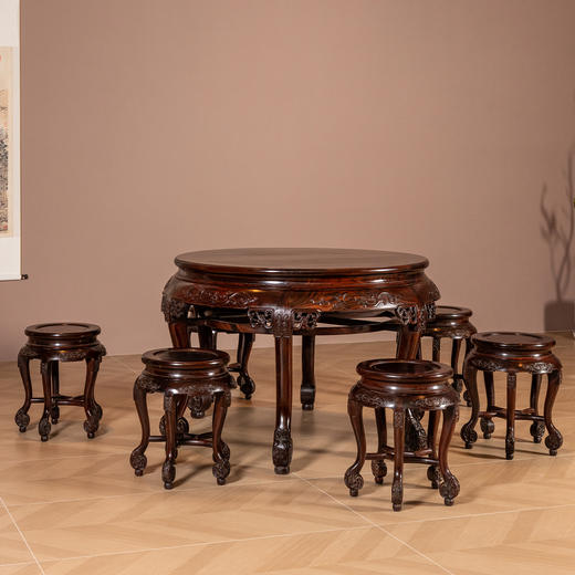 清	红木螭龙纹双拼圆桌圆凳成套（一桌六凳） 商品图0