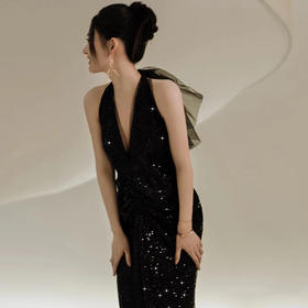 晚礼服黑色高定亮片轻奢小众欧美年会深V领气质主持裙361