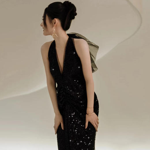晚礼服黑色高定亮片轻奢小众欧美年会深V领气质主持裙361 商品图0
