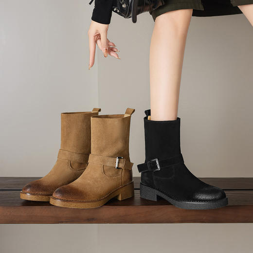 阿么手工女鞋擦色复古绒面个性西部靴2025冬季新款真皮中筒靴4CM 商品图1
