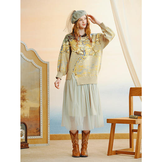 两三事梵高文艺椿野花事2025秋新款花卉图案毛织拼接假两件连衣裙 商品图2