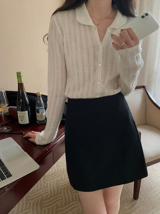 🌟秋款上新❗老钱风美学‼【MOMOTIABIN翻领纯色镂空纺羊毛针织开衫HJZXZ158】💖一眼就能感受到的高级感！⁩✅减龄娃娃领口设计，🍭⁮时髦又显瘦！ 商品图0