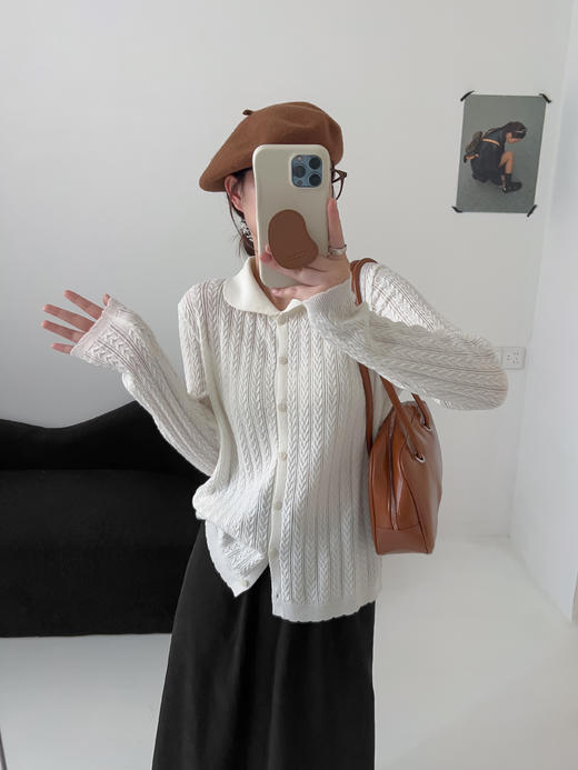 🌟秋款上新❗老钱风美学‼【MOMOTIABIN翻领纯色镂空纺羊毛针织开衫HJZXZ158】💖一眼就能感受到的高级感！⁩✅减龄娃娃领口设计，🍭⁮时髦又显瘦！ 商品图2