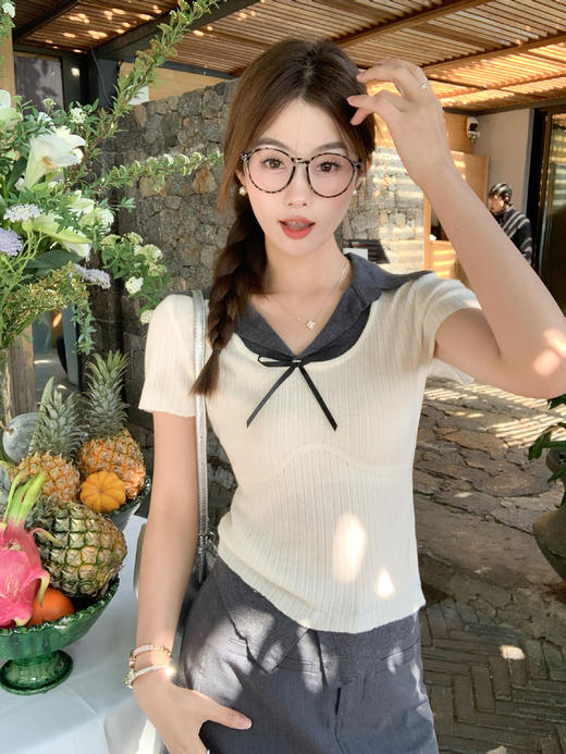 【110元任选2件】最后一波现货！2色翻领修身甜美气质针织短袖 商品图6