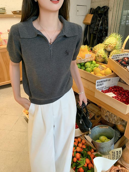 【129元任选2件】现货！3色拉链翻领针织短袖（胸口logo图案黑白灰颜色随机） 商品图7