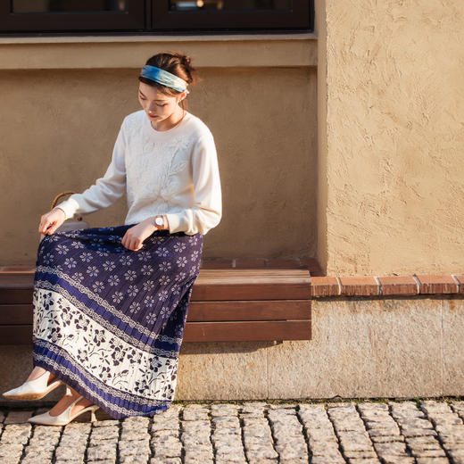 【林栖设计小店】（现货）美丽诺绵羊毛提花毛织半身裙褶皱复古2025秋冬新款长裙女1954027 商品图1