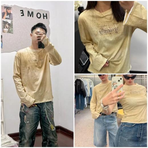 水洗做旧成衣染色数码印花3D浮雕定位剪裁复古油画情侣款宽松OS长袖打底衫T恤 商品图0