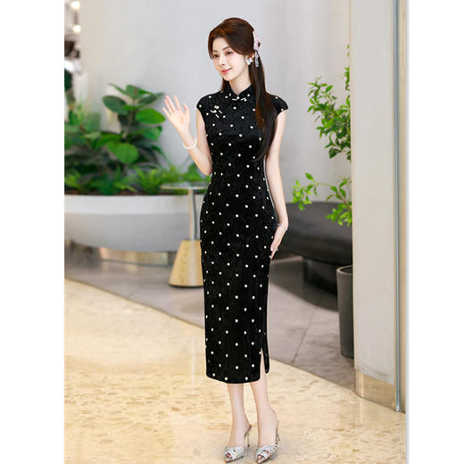 SKY 22780简约时尚长款修身丝绒坎肩袖旗袍 商品图3