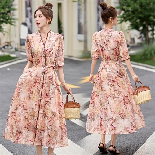 2025年夏季新款法式感气质收腰裙子印花仿真丝桑蚕丝连衣裙SNX3137 商品图3