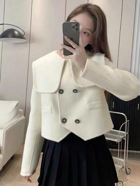 【高端系列】手工定制70%绵羊毛➕莱赛尔短款海军领不规则双面尼短款外套-喜出