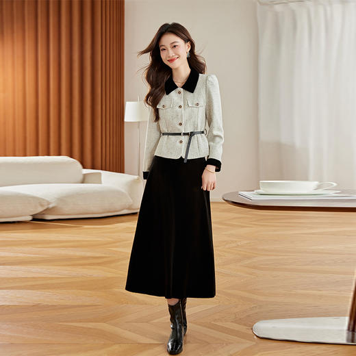 小香风名媛气质收腰套装裙2025秋季新款法式翻领上衣丝绒长裙LSNY2465 商品图2