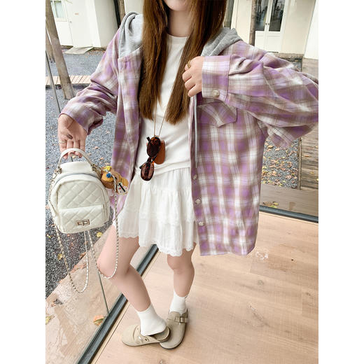 <曾小咸推荐>小众格子连帽衬衫韩系慵懒风 商品图1