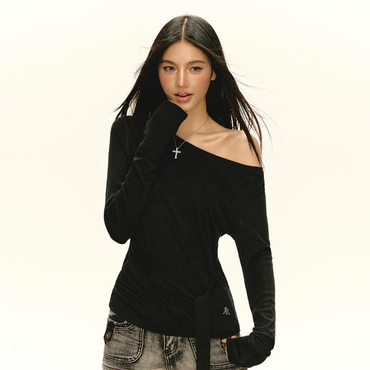 Ariseism 美式复古 宽松绑带斜肩长袖T恤女秋季新款上衣 商品图4