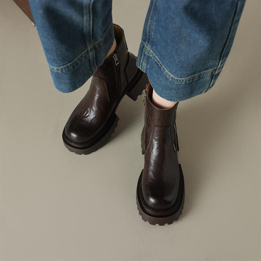 阿么手工女鞋时尚侧拉链厚底短靴小个子增高2025新款时装靴5.5CM 商品图2