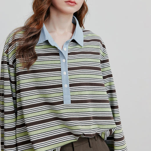 初语轻运动撞色T恤女2025南非麻条纹长袖休闲上衣 商品图2