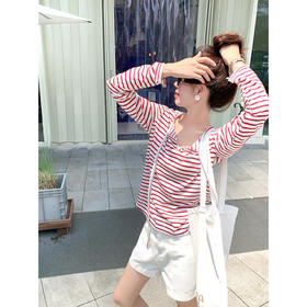 <曾小咸推荐>韩系条纹设计慵懒风长袖T恤【预售款，预计3-15天发货】