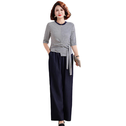 FW 8506时尚休闲套装洋气显瘦收腰条纹T恤阔腿裤两件套 商品图4