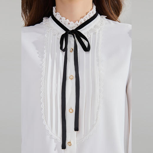 「高货sh」全新升级【铂金会员257/天猫339/差价82】(73958)洛诗琳秋季新款拼接蕾丝边蝴蝶结垂感显瘦泡泡袖雪纺衬衫 商品图1