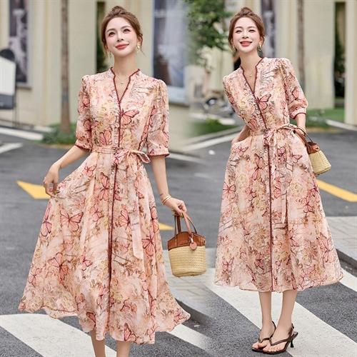 2025年夏季新款法式感气质收腰裙子印花仿真丝桑蚕丝连衣裙SNX3137 商品图4