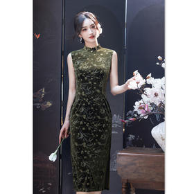 SKY 22782时尚改良丝绒无袖旗袍复古国风新中式旗袍