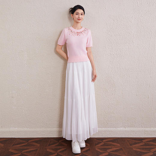 「自」全新升级【铂金会员330/天猫449/差价119】(72945)洛诗琳甜美圆领短袖重工钉钻上衣2025秋季气质减龄针织上衣 商品图2