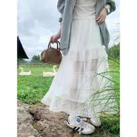 <曾小咸推荐>韩系白色半身裙拼接蕾丝长裙