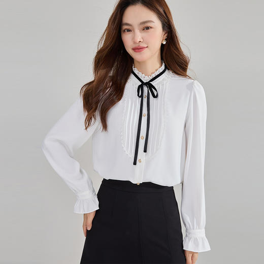 「高货sh」全新升级【铂金会员257/天猫339/差价82】(73958)洛诗琳秋季新款拼接蕾丝边蝴蝶结垂感显瘦泡泡袖雪纺衬衫 商品图0