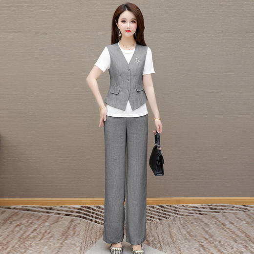 QYMAH-5169YX37-L2025年夏款短袖内搭T恤衫通勤修身显瘦马甲垂感直筒阔腿裤三件套 商品图1