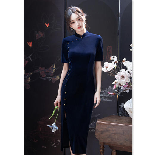 SKY 22760修身优雅长款丝绒国风新中式日常旗袍裙 商品图3