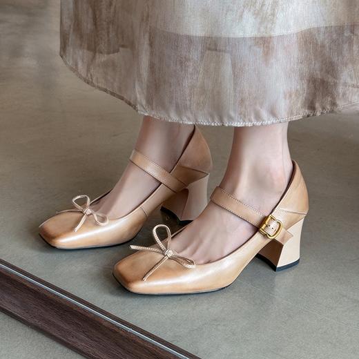 DQ1253手工女鞋~7cm高跟复古气质方头玛丽珍鞋春秋季蝴蝶结真皮粗跟单鞋 商品图1