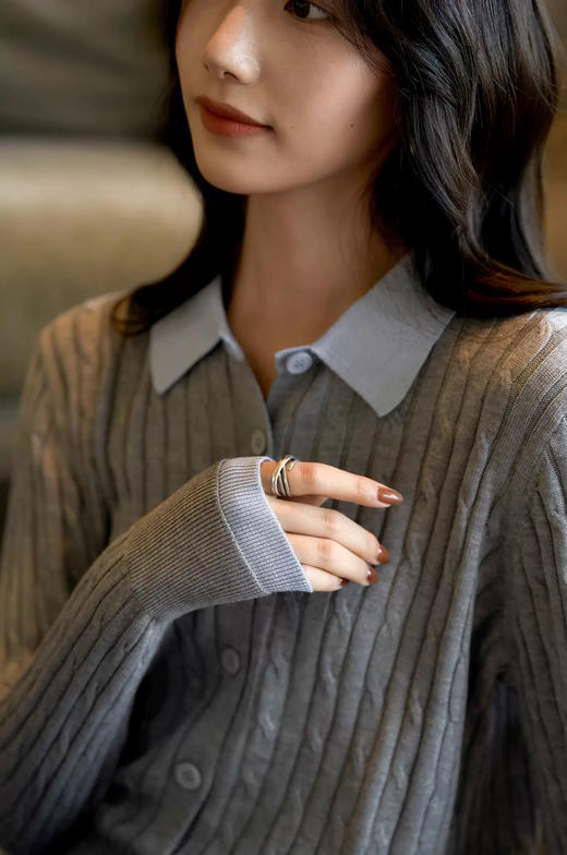 POLO翻领含羊毛混纺绞花毛衣开衫 商品图4