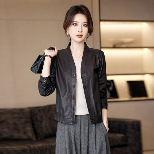 TC 23C55真皮短款绵羊皮时尚气质机车皮夹克外套 商品图2