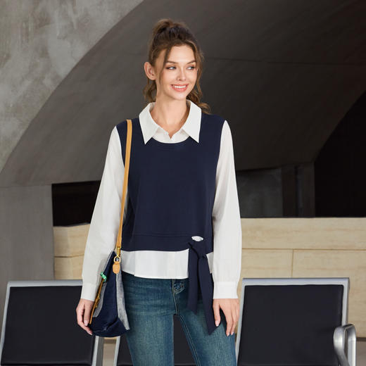 半身缘女装 秋季衬衫背心假两件百搭时尚舒适卫衣253113U04540028 商品图3