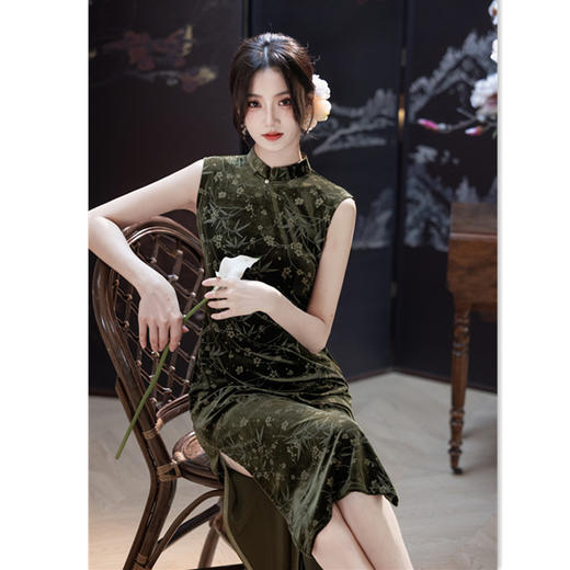 SKY 22782时尚改良丝绒无袖旗袍复古国风新中式旗袍 商品图2